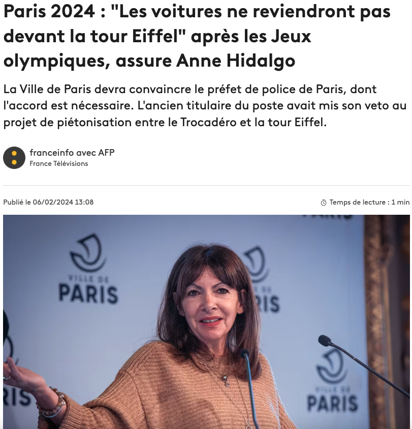 , 巴黎市长安娜女士说：奥运后，埃菲尔铁塔前面不会有汽车通行了。。。, My Crazy Paris